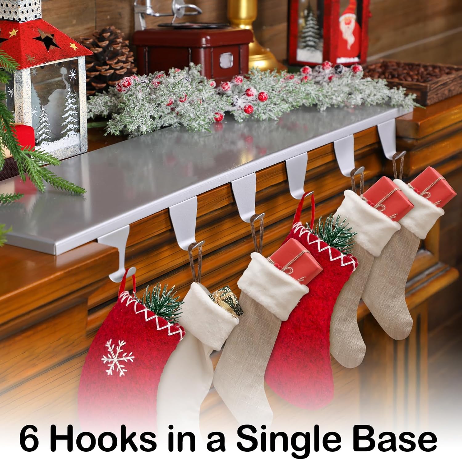 Soporte para calcetines de Navidad con 6 ganchos, ganchos de metal para colgar con almohadillas protectoras, mantel resistente para chimenea,