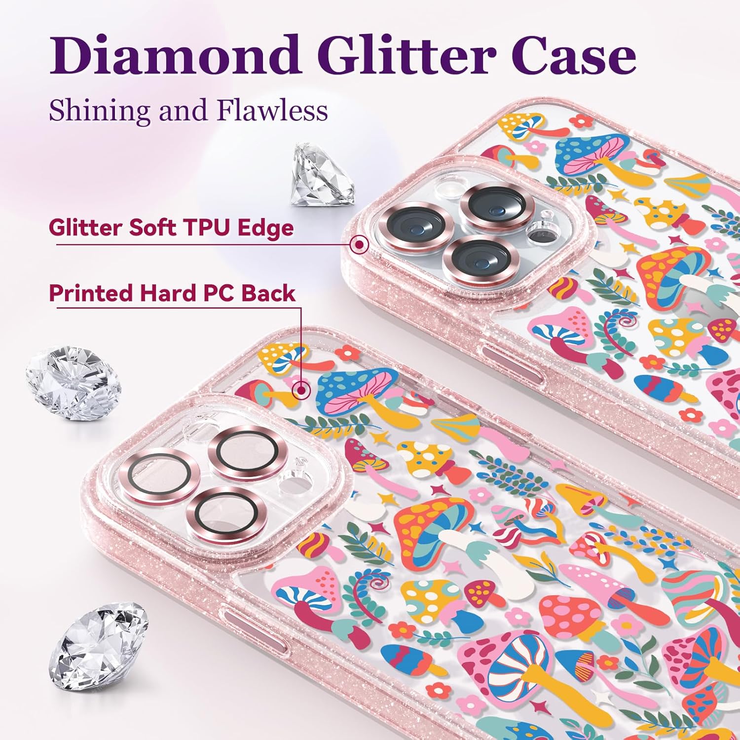 casevivid Funda compatible con iPhone 15 Pro Max, bonita estética, funda de teléfono rosa con purpurina y protector de cámara, funda con estampado