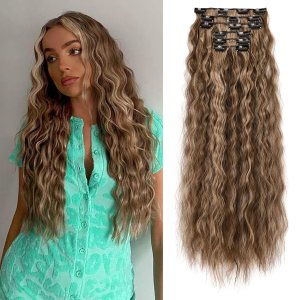 FLUFYMOOZ Extensiones de cabello con clip, 6 unidades, extensiones de cabello sintético ondulado con clip, para mujer, 24 pulgadas (marrón oscuro FLUFYMOOZ Extensiones de cabello con clip, 6 unidades, extensiones de cabello sintético ondulado con clip, para mujer, 24 pulgadas (marrón oscuro