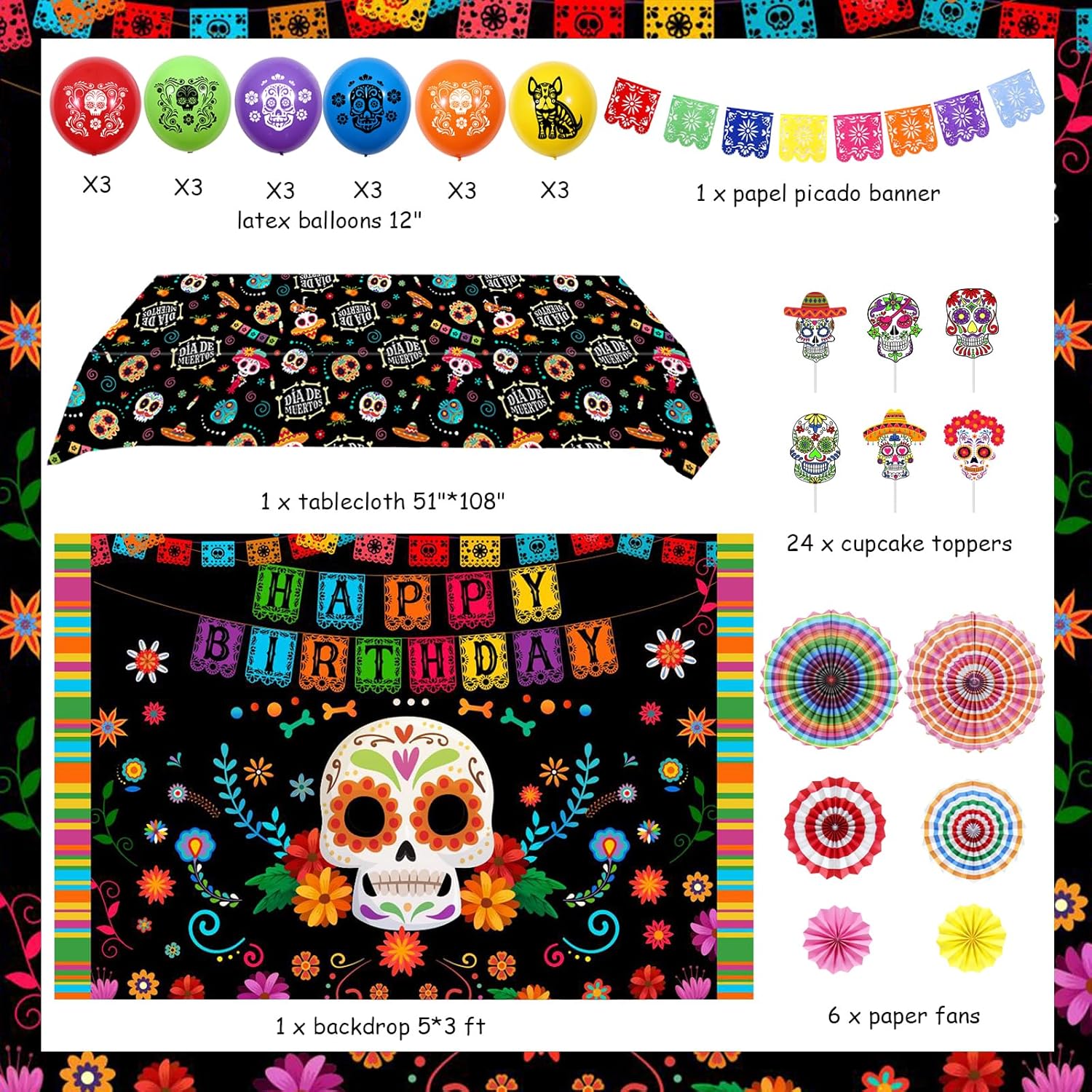 Decoraciones de cumpleaños del Día de los Muertos, globos del Día de los Muertos, telón de fondo de calavera de azúcar, mantel para cupcakes,