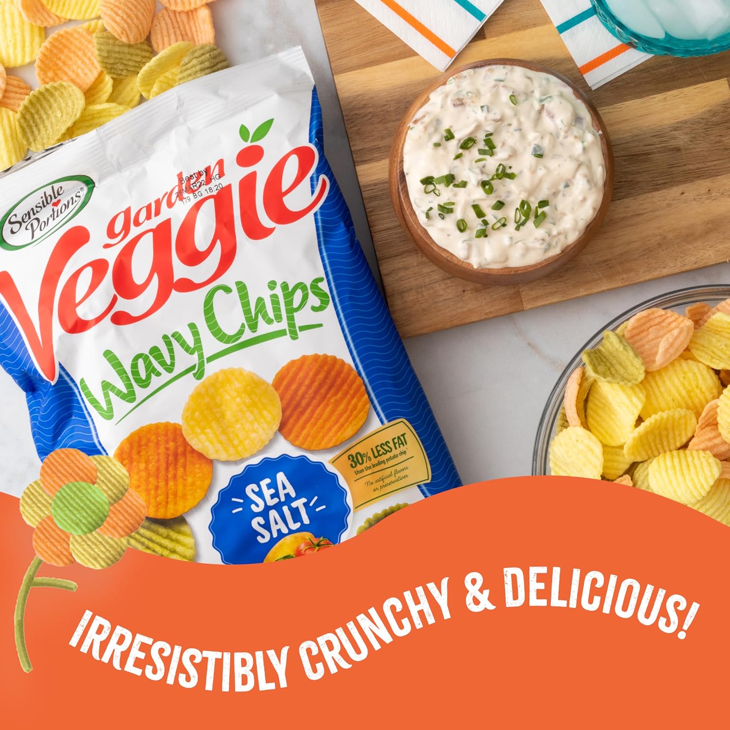 Sensible Portions Chips ondulados vegetarianos, sabor a sal marina, chips sin gluten, bolsa de 7 onzas, paquete de 6