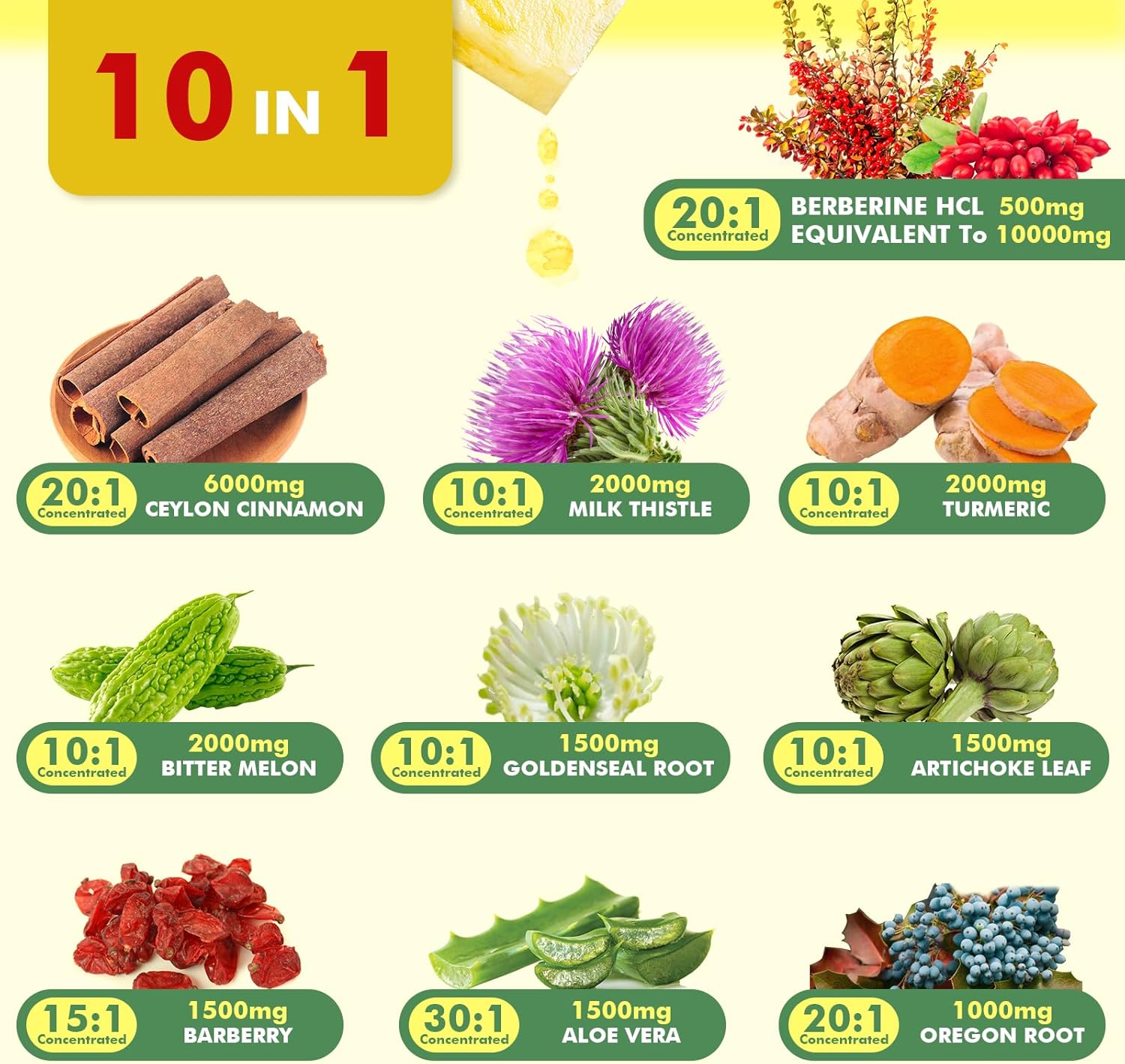 Suplemento de berberina prémium  Gotas líquidas de berberina con cúrcuma, melón amargo, cardo mariano, canela de Ceilán, suplemento vegetal de