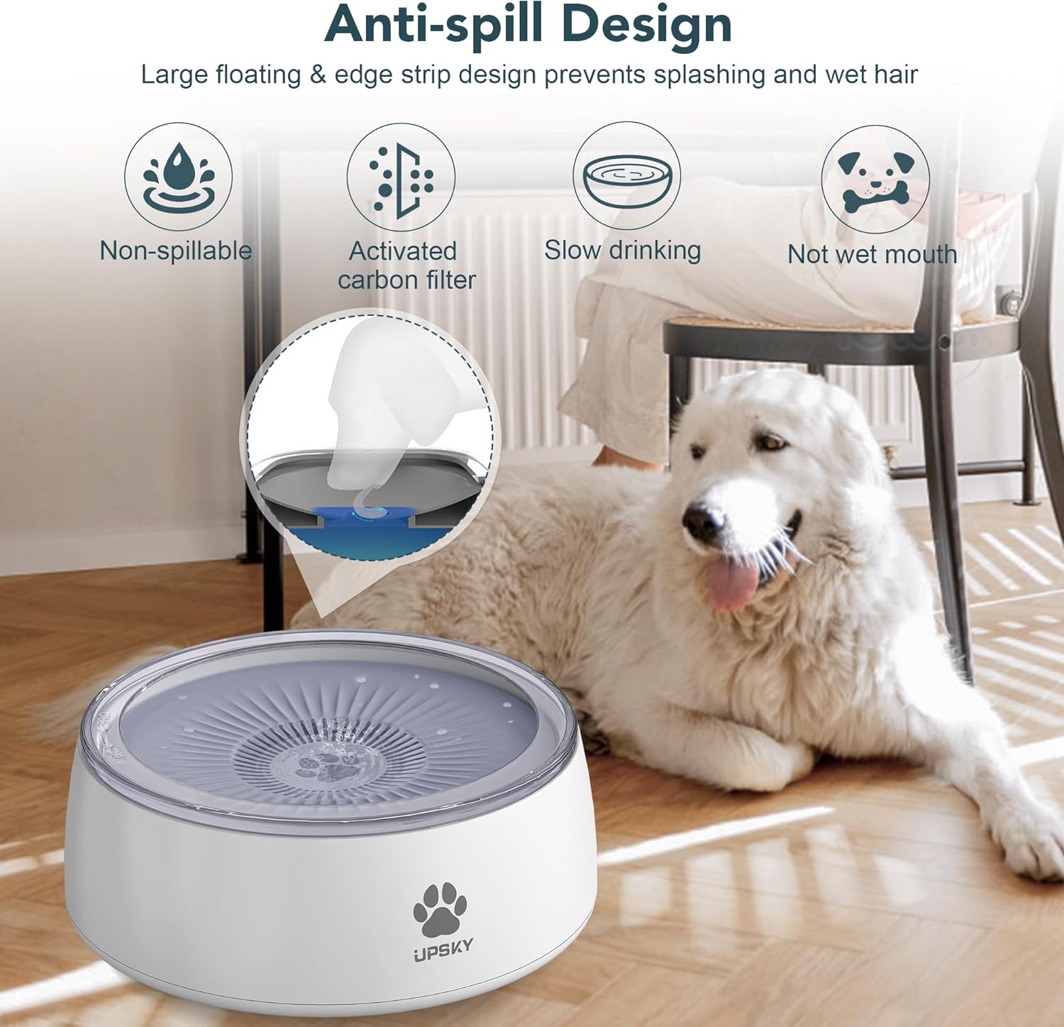 UPSKY Cuenco de agua para perros de 3 litros de 101 onzas, tazón grande sin derrames, con tapete de alimentación lenta, dispensador de agua para