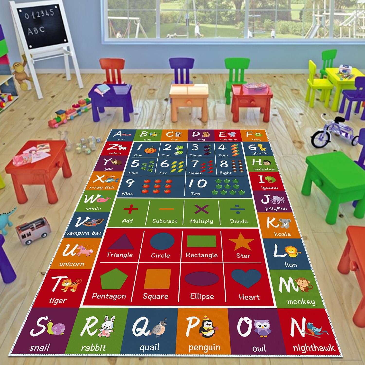 SAMESIEG Alfombra educativa ABC para niños, con forma de símbolo del alfabeto con patrón de animales y verduras, tapete antideslizante para