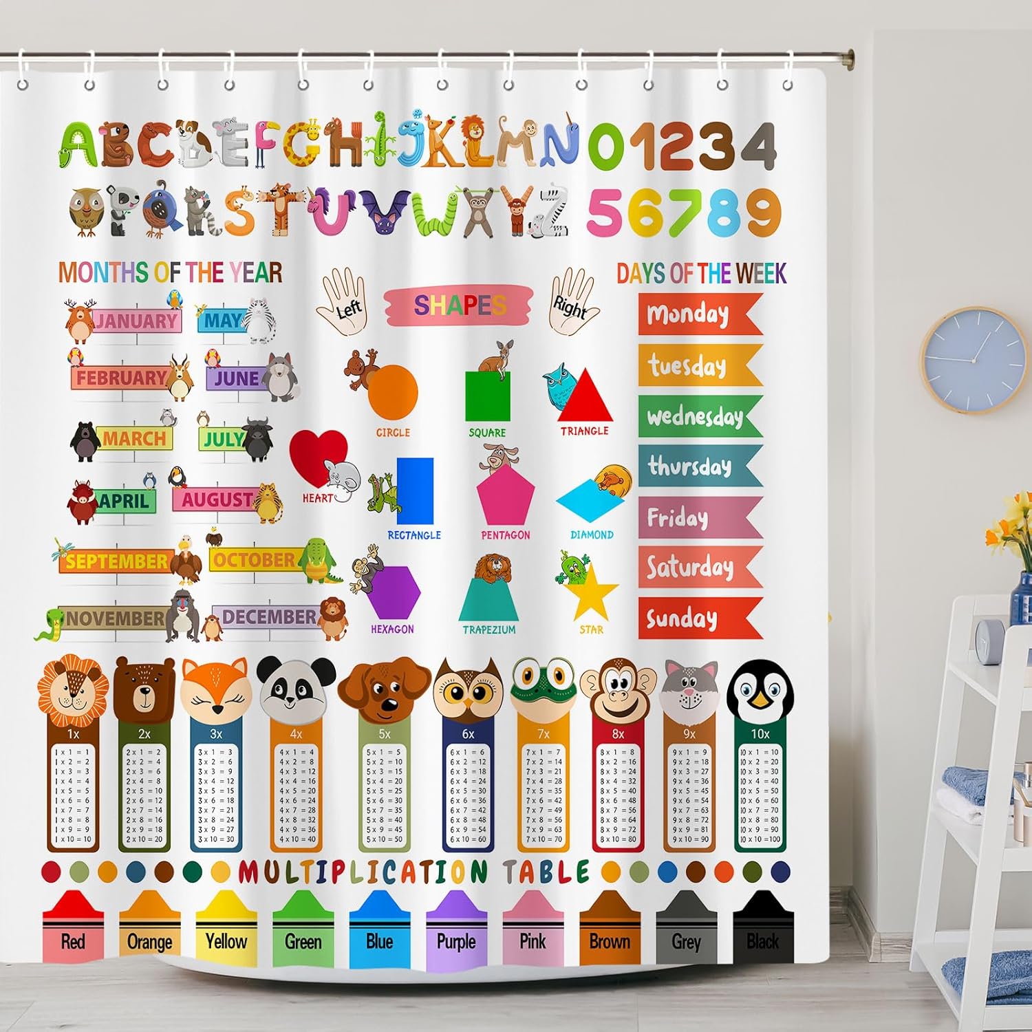 Cortina de ducha con letras del alfabeto para niños, estilo bohemio, abc, números para niños, formas de colores, tabla de multiplicar, para