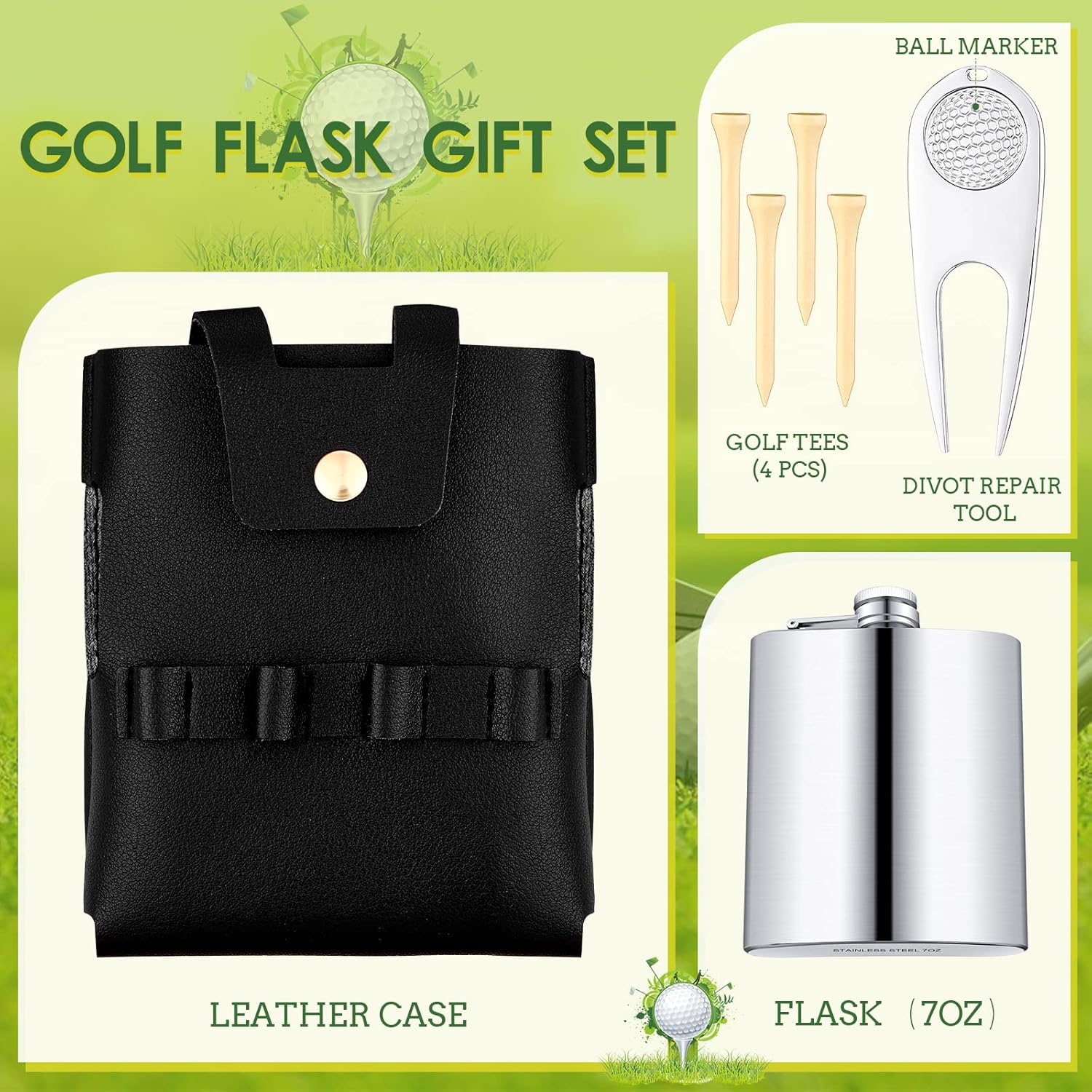 Set de regalo de botella de golf de acero inoxidable de 7 onzas con funda de cuero, accesorios de golf para hombres y mujeres, incluye frascos,