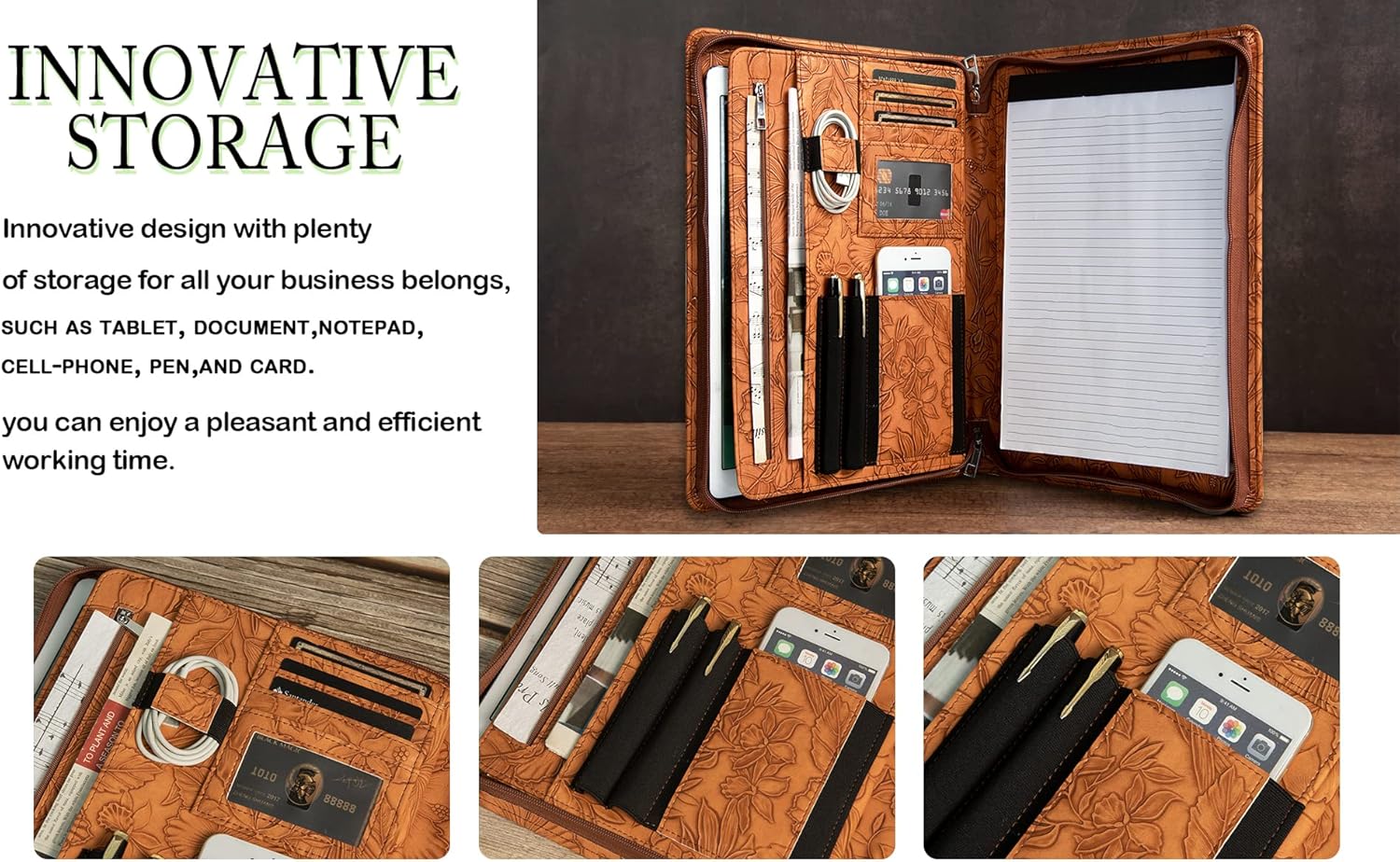 AZXCG Cartera de piel sintética, padfolio en relieve para hombres, cartera de negocios con soporte para cuaderno de escritura de letras A4US para
