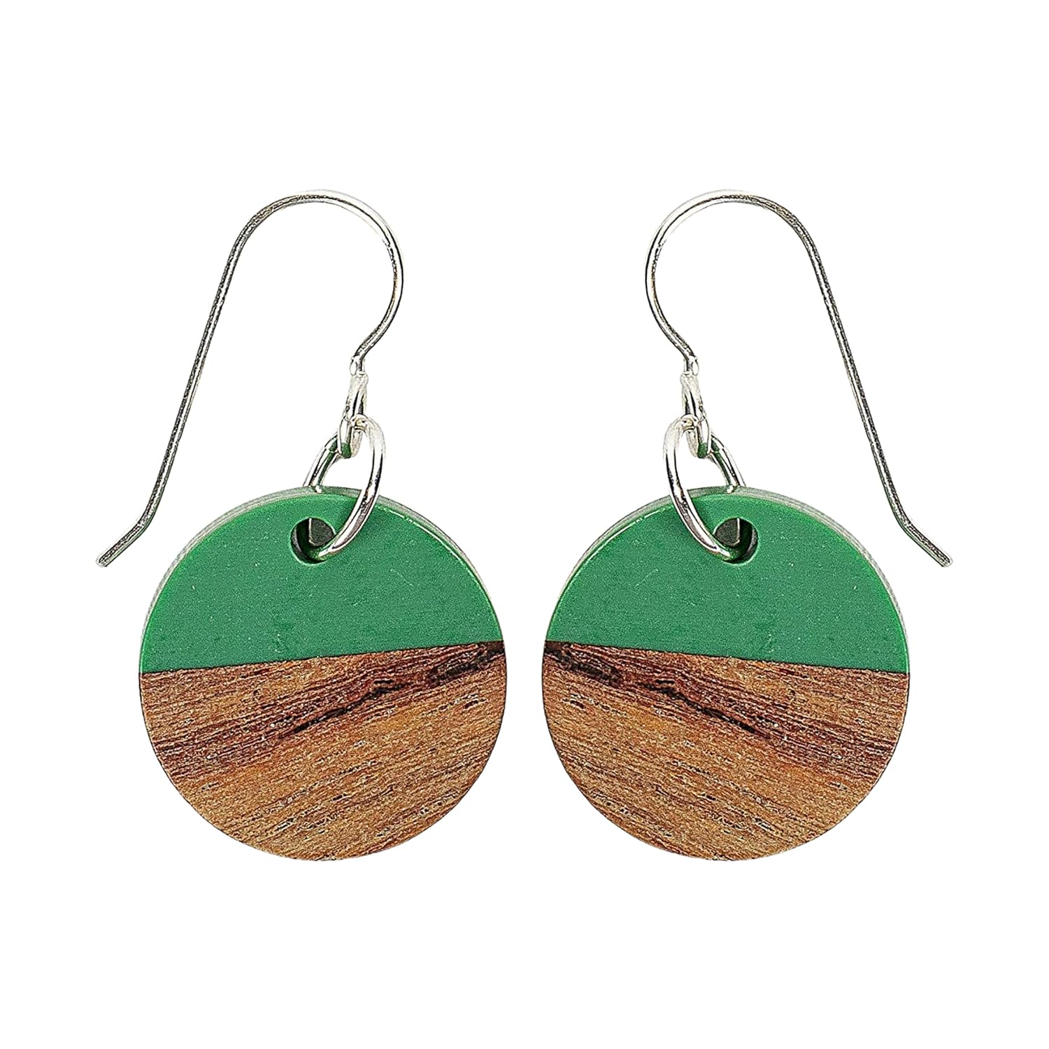 Split Resin and Wood Circle Dangle Drop Earrings  Sterling Silver Bohemian Earrings  Multiple Colors Available (Green)