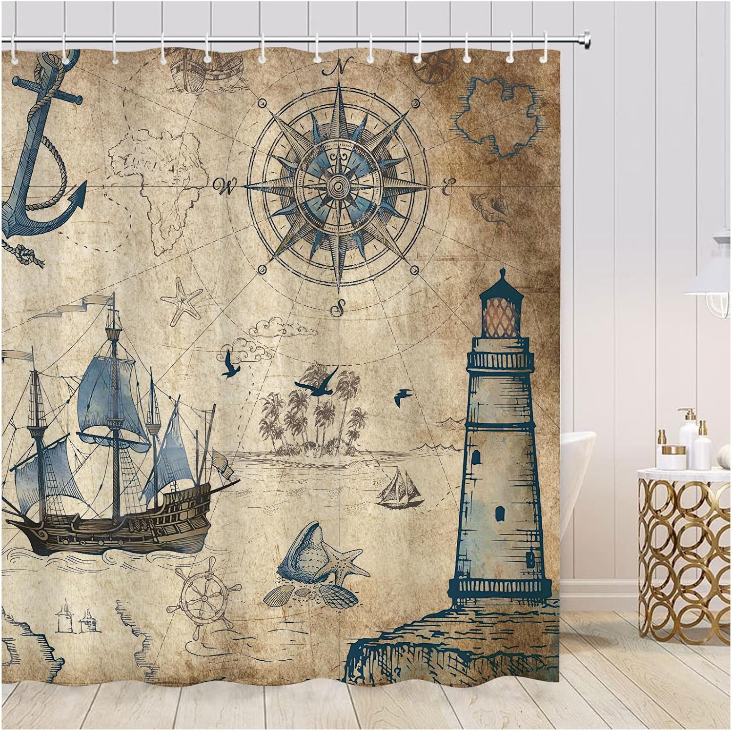 Cortina de ducha náutica con temática oceánica para baño, cortina de ducha de tela impermeable con 12 ganchos, decoración retro de mediados de siglo