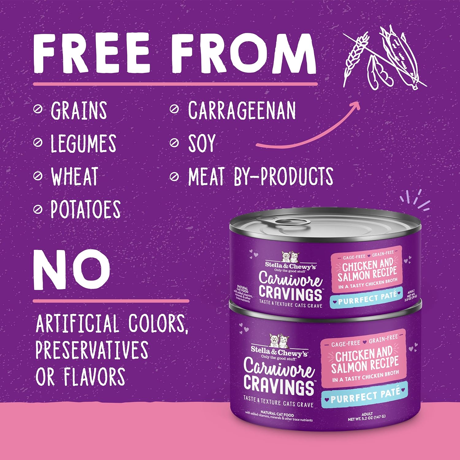 Stella & Chewy’s Carnivore Cravings Purrfect – Alimento húmedo para gatos sin granos, rico en proteínas, receta de pollo y salmón (latas de 5.2