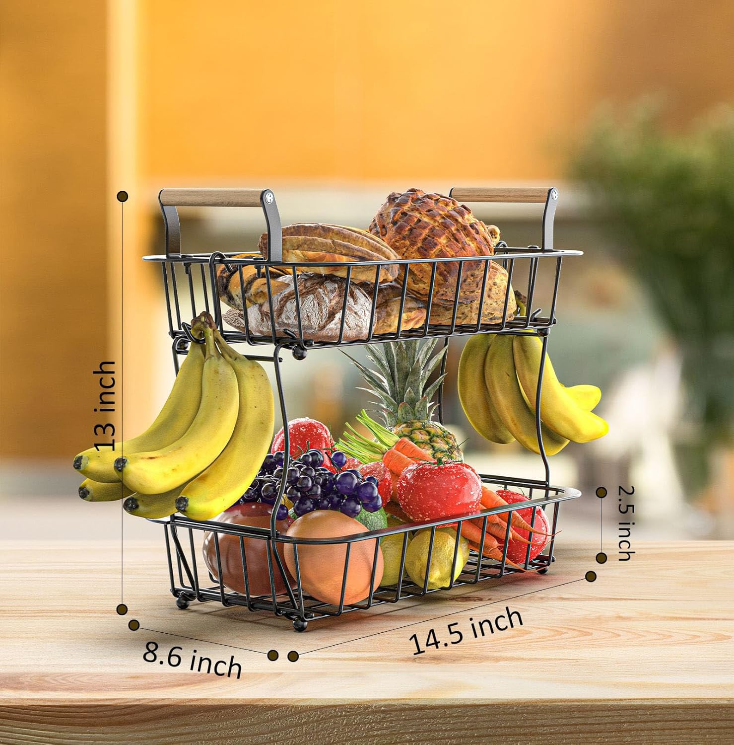 Cesta de frutas de 2 niveles para encimera de cocina con 2 ganchos para plátanos, cuenco de frutas para encimera de cocina, soporte grande para