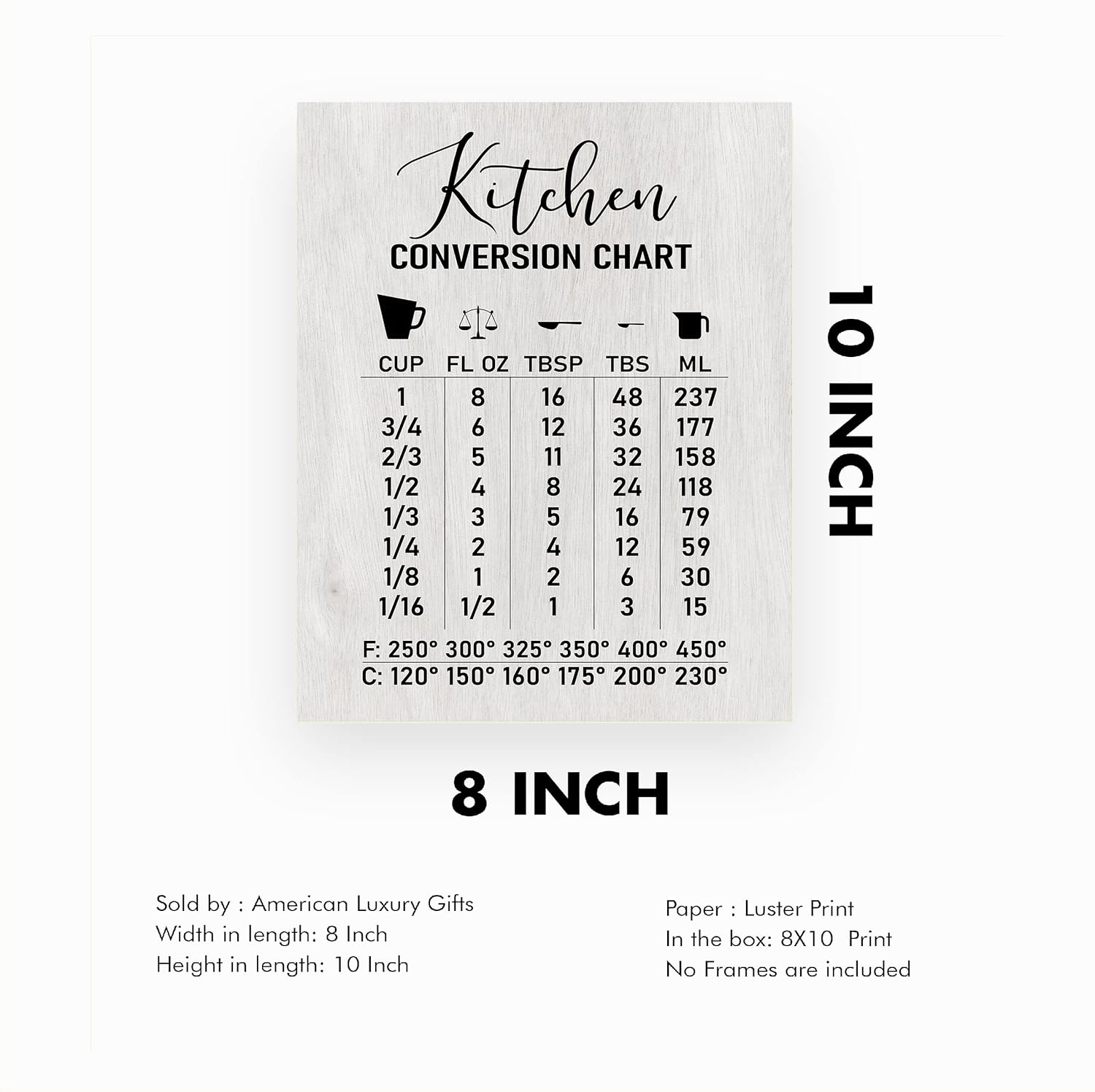 Kitchen Conversion Chart- Rustic Cooking Measurements Wall Art Sign, Farmhouse Baking Wall Art Print, Perfect For Home Decor, Kitchen Decor & Dining
