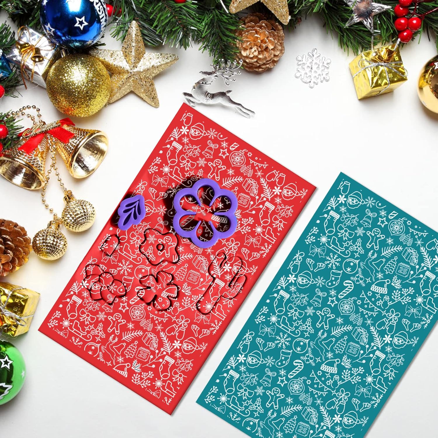 BUSOHA Plantillas de pantalla de seda de Navidad para arcilla polimérica, 3 pantallas de seda reutilizables con 2 raspadores de arcilla para