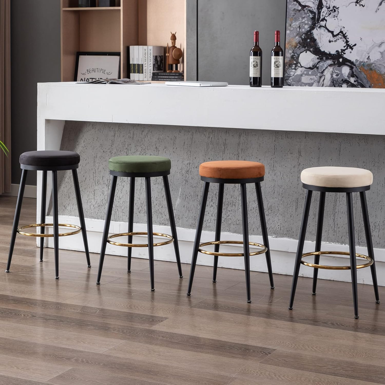 chairus Juego de 2 taburetes de bar de altura de mostrador de 26 pulgadas, moderno taburete sin espalda con reposapiés dorado, cómodas sillas de bar