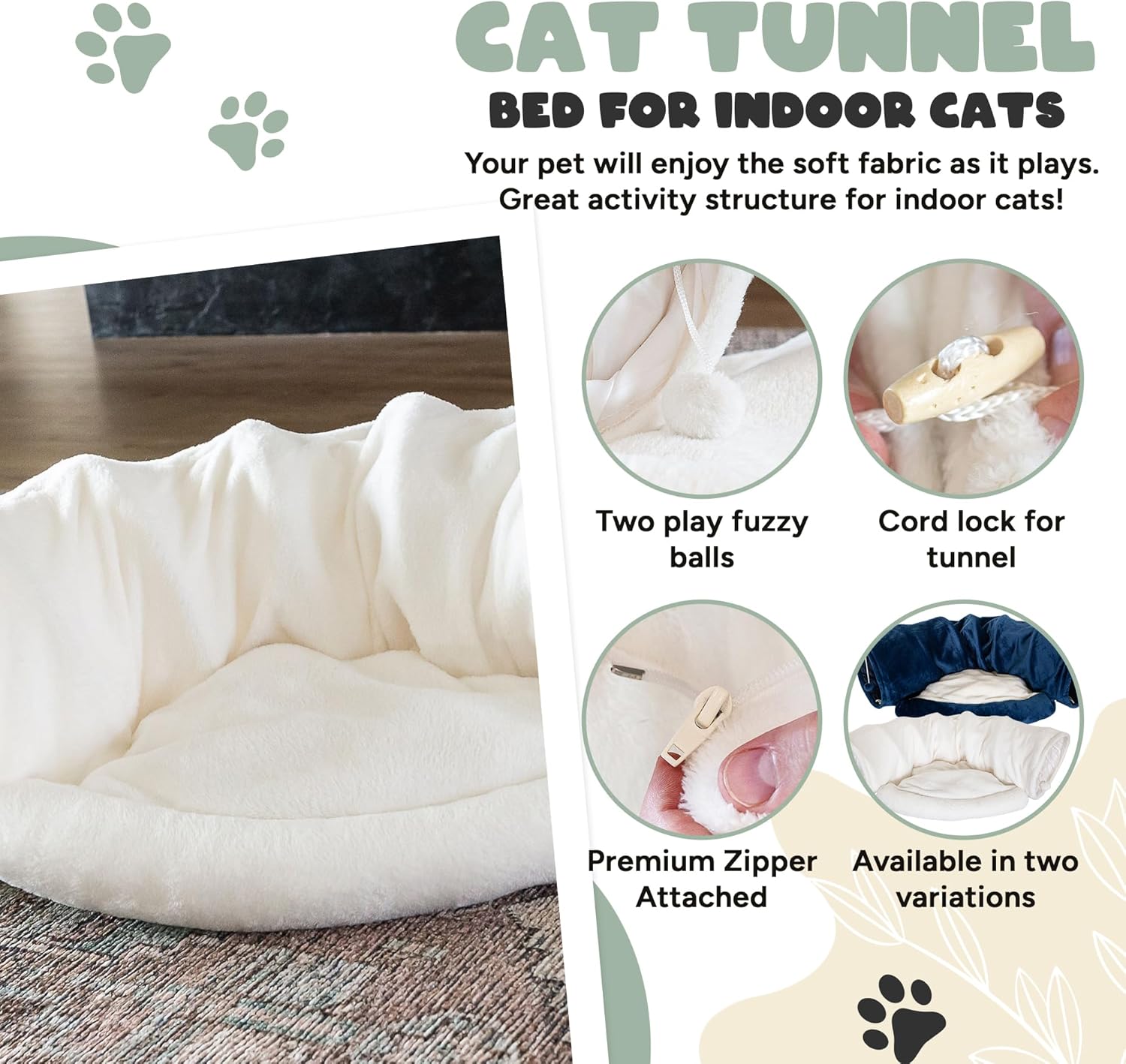 Juego de túnel y cama de juguete para gatos con cama de felpa extraíble para uso en interiores perfecto para gatos, perros y hurones juguetes para
