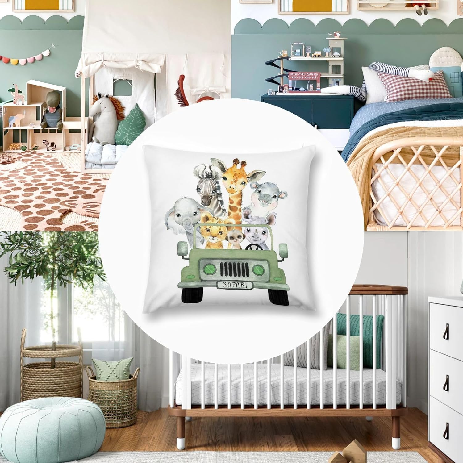 Funda de almohada decorativa para bebé niño y niña, diseño de safari con diseño de camión de animales de safari, funda de cojín de selva,