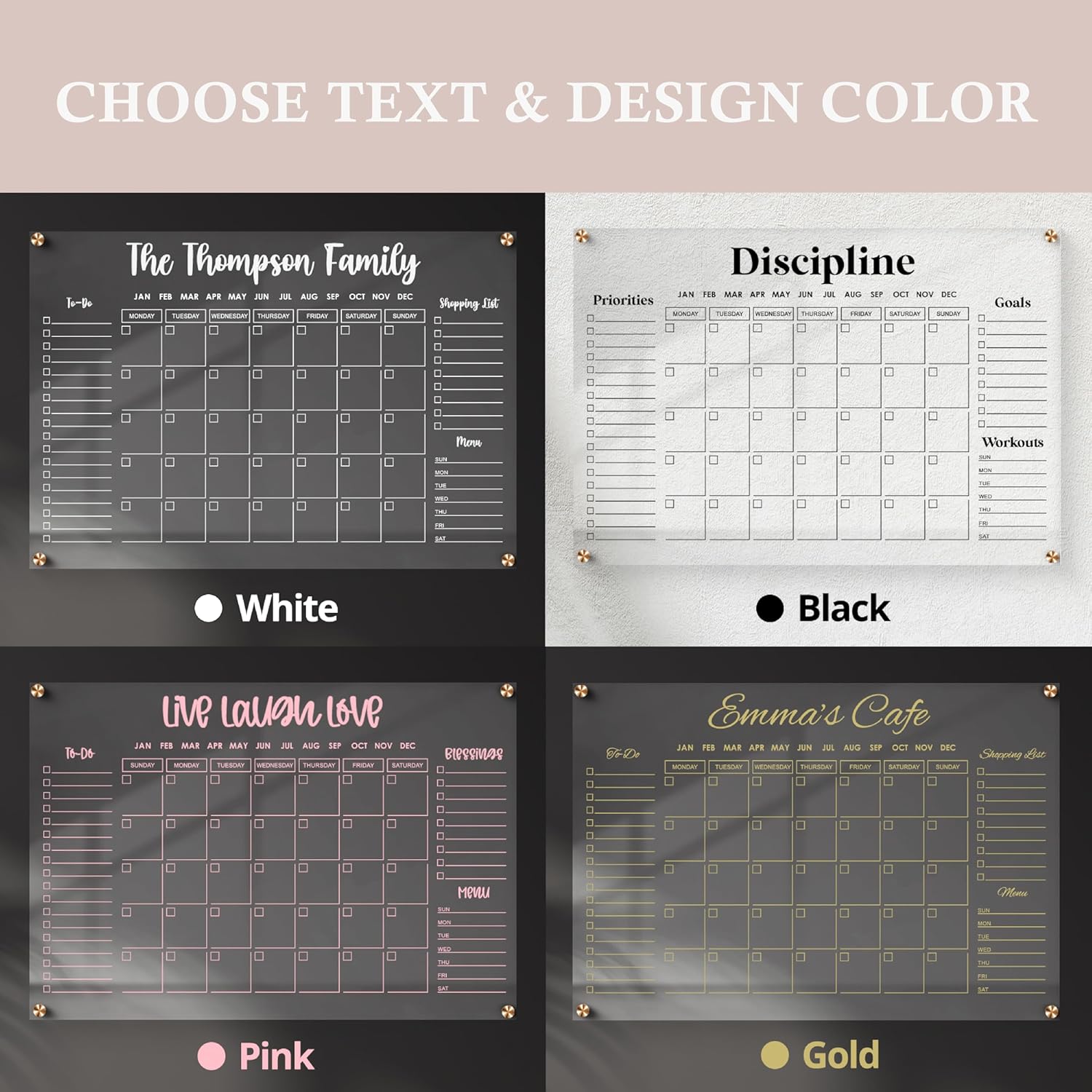 Calendario de pared acrílico personalizado de alta calidad, plexiglás seco y borrable  Diseño acrílico ultra claro con nombre de familia acrílico
