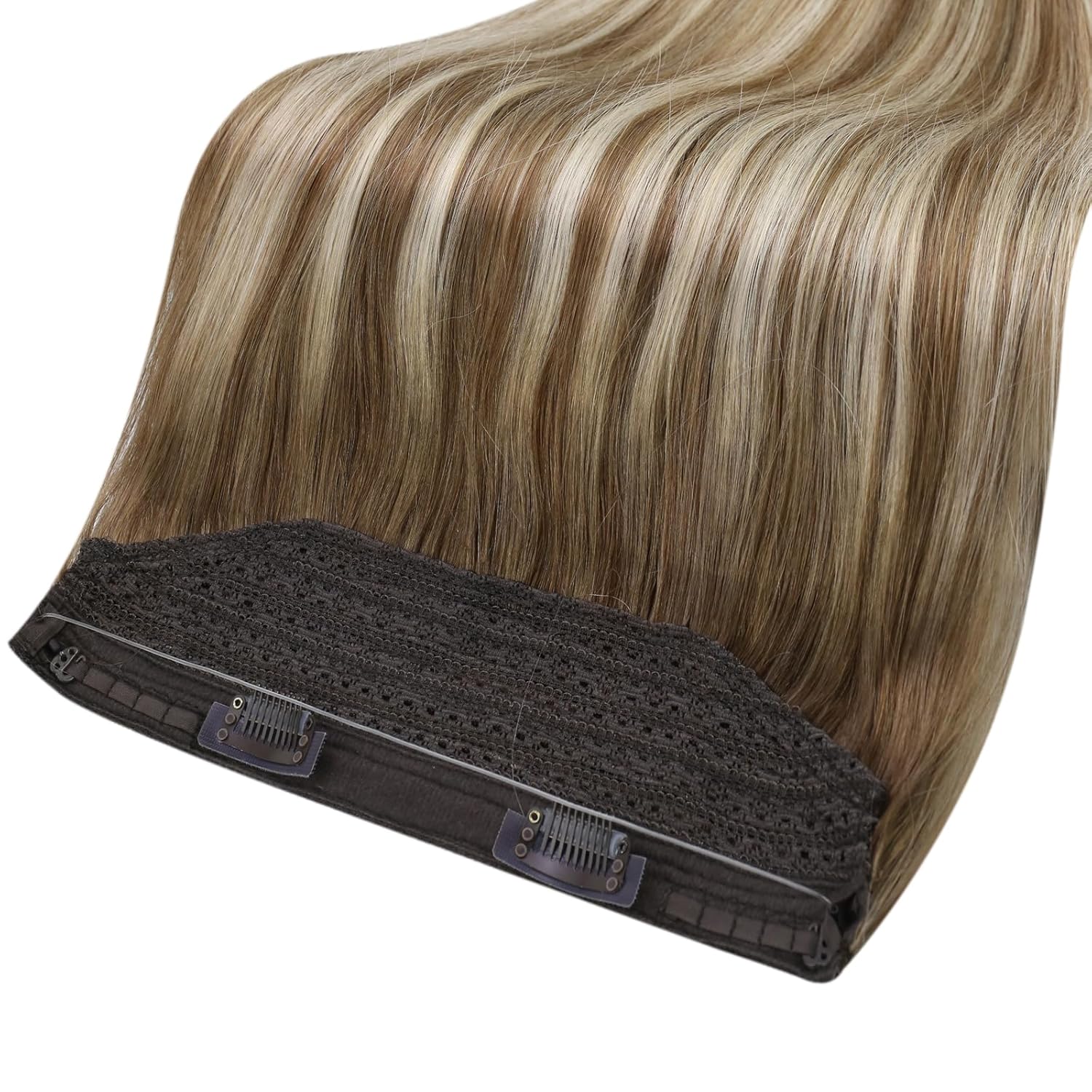 Fshine – Extensiones de cabello humano con alambre invisible, castaño degradado #6606, con hilo de nailon, 20 pulgadas, castaño a rubio platino,