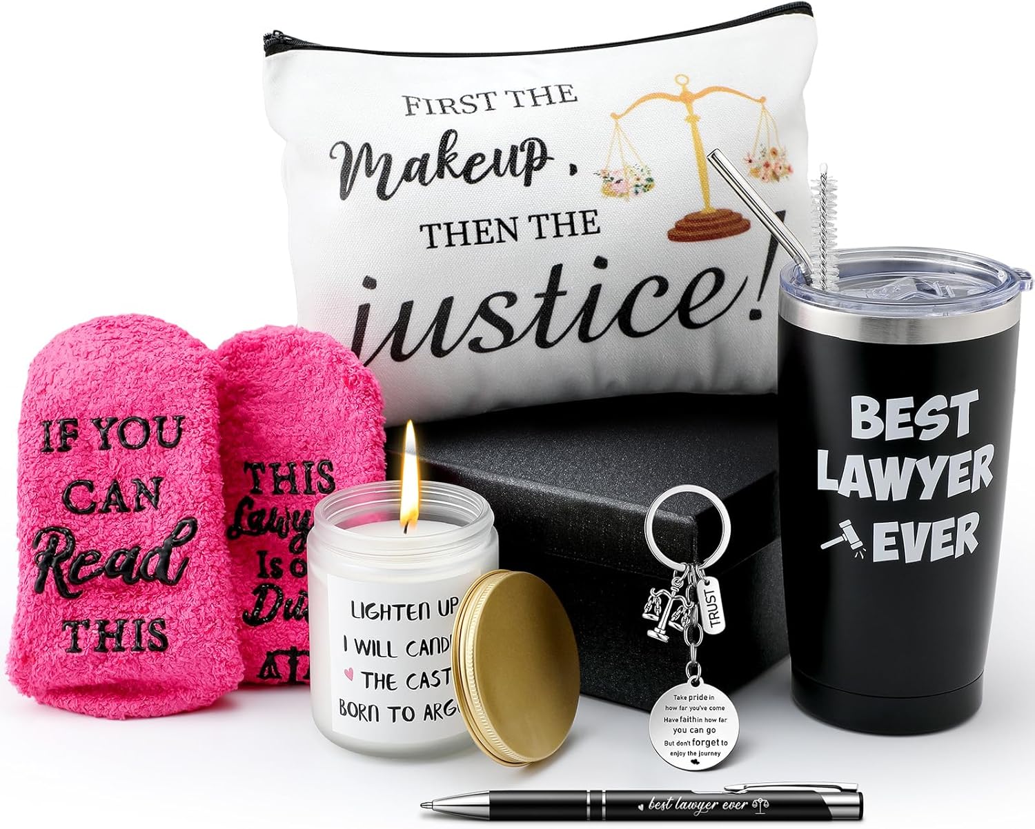 Loetere 7 piezas de regalos de abogados para mujeres, incluyen vaso de café de acero inoxidable de 20 onzas, calcetines de abogado, llavero, velas