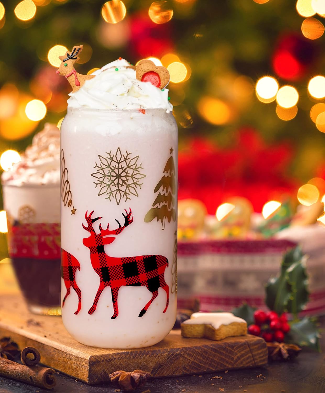ANOTION Vasos de Navidad, tazas de café de Navidad de 18 onzas, tazas de vidrio con tapa y pajita, vaso colorido para árbol de Navidad, vasos para