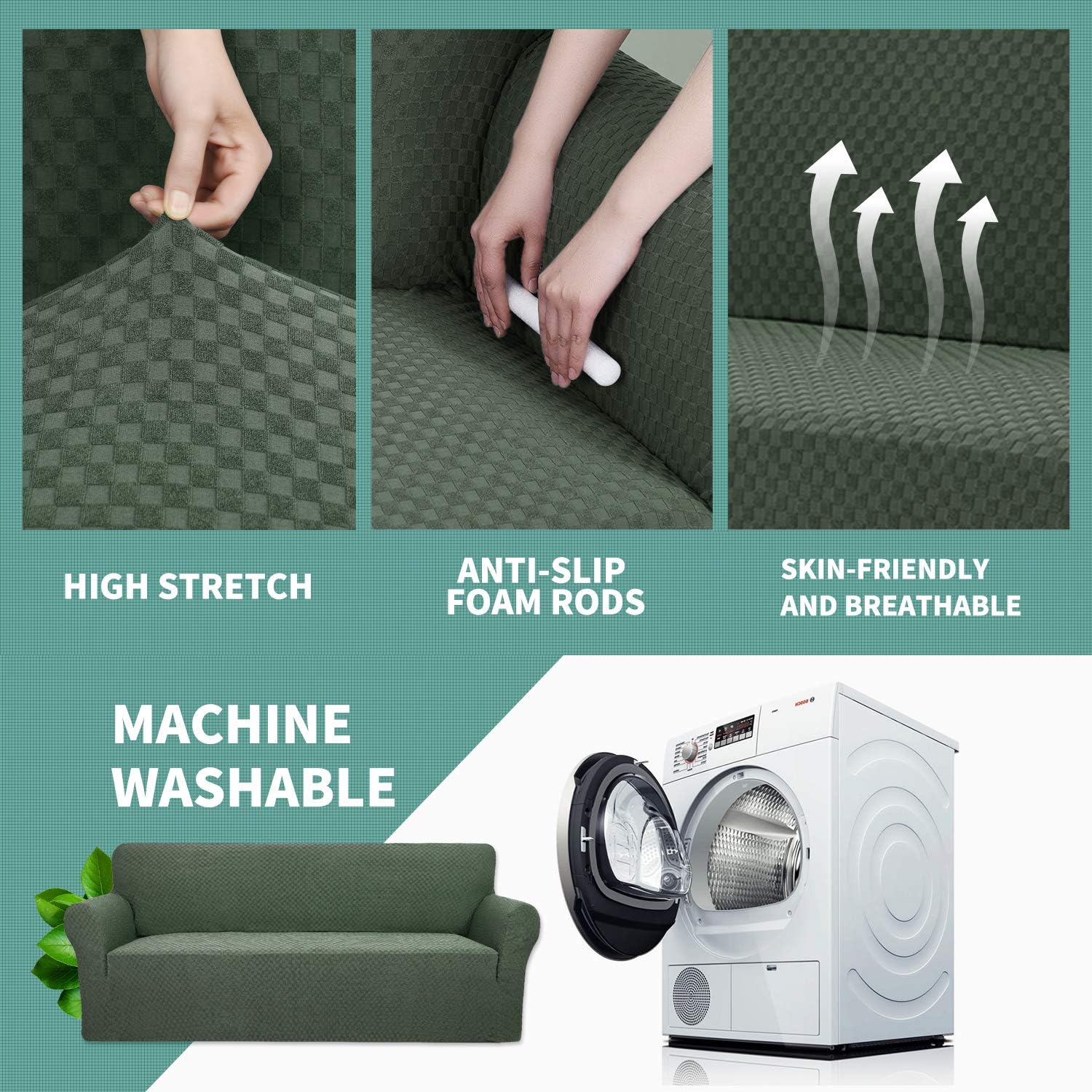 YEMYHOM – Funda elástica protectora con diseño jacquard para sofá de 3 cojines, antideslizante, a prueba de mascotas, perros y gatos (sofá, verde