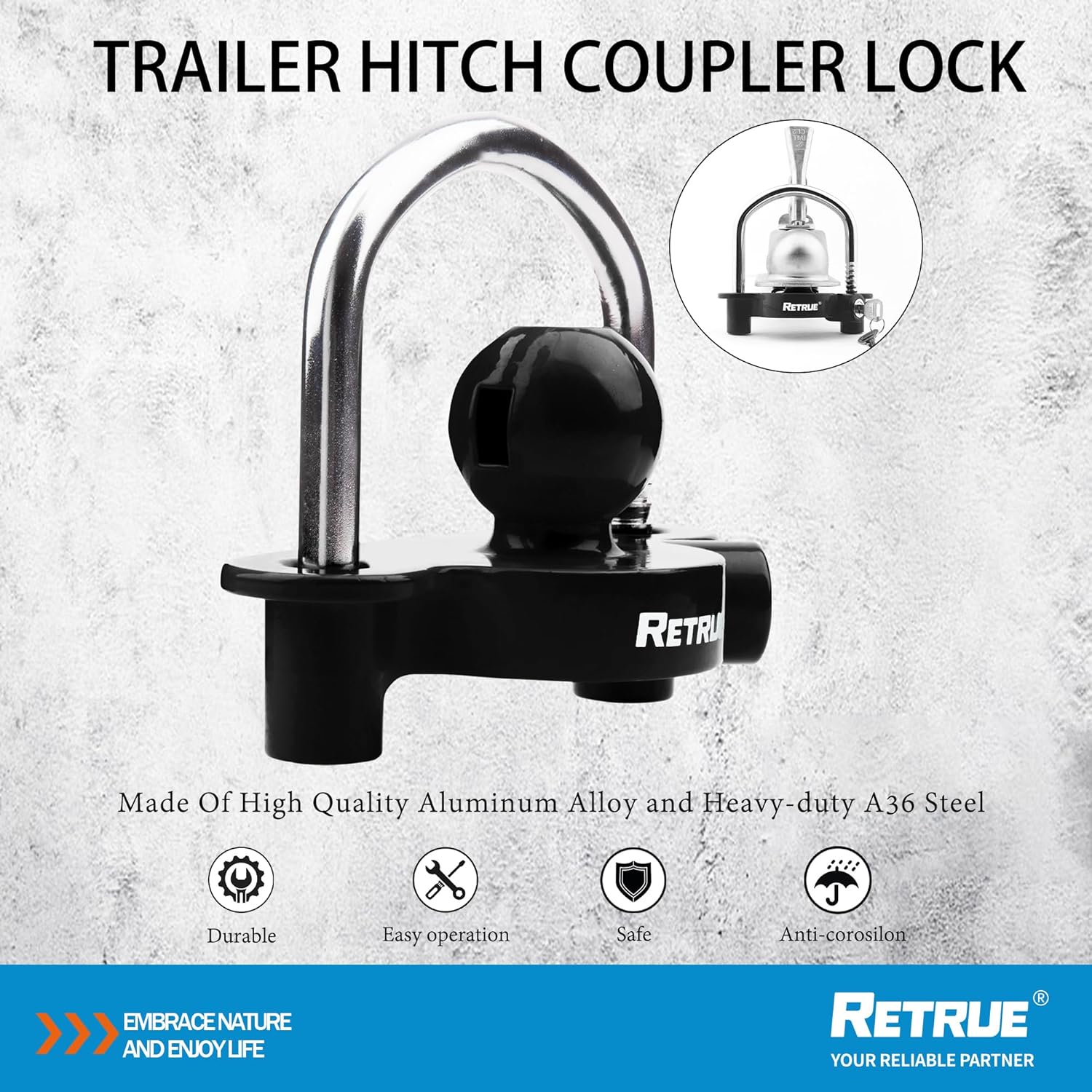 RETRUE Cerradura de acoplador universal para remolque, bloqueo de enganche de bola, bloqueo de enganche de remolque de seguridad, ajustable, de