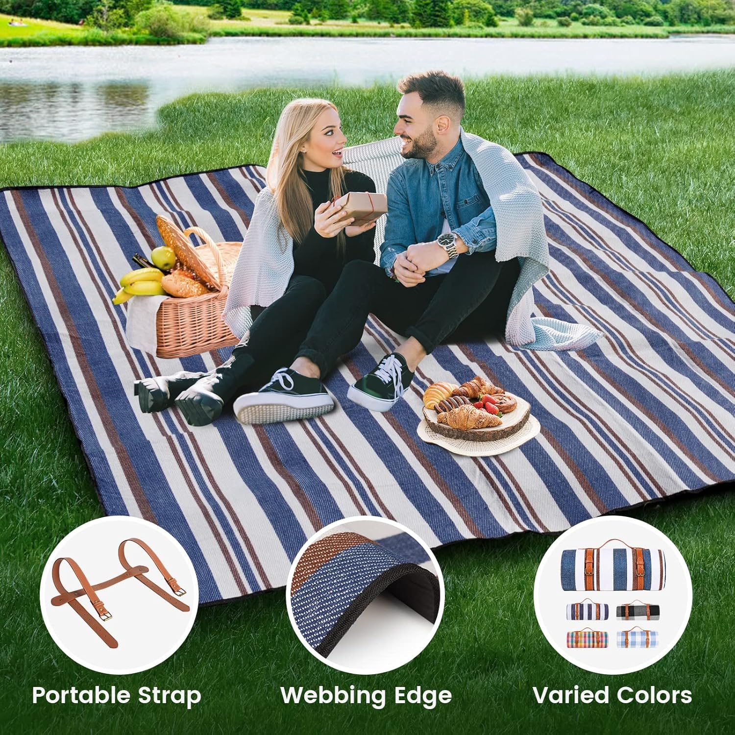 Manta de picnic de 80 x 80 pulgadas, extra grande, impermeable y plegable, manta de playa de 3 capas para 6 a 8 adultos, para campamento, parque,