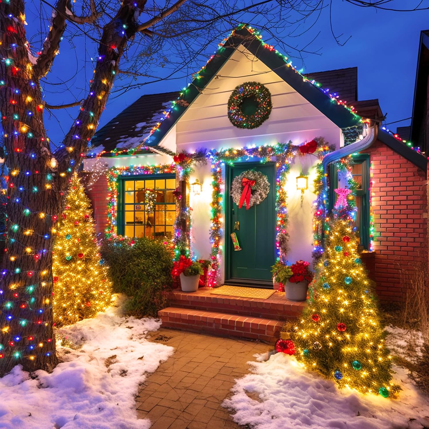 JMEXSUSS Paquete de 2 luces solares de Navidad de color blanco cálido y multicolor con 11 modos de control remoto, cada 100 LED de 42.7 pies, luces