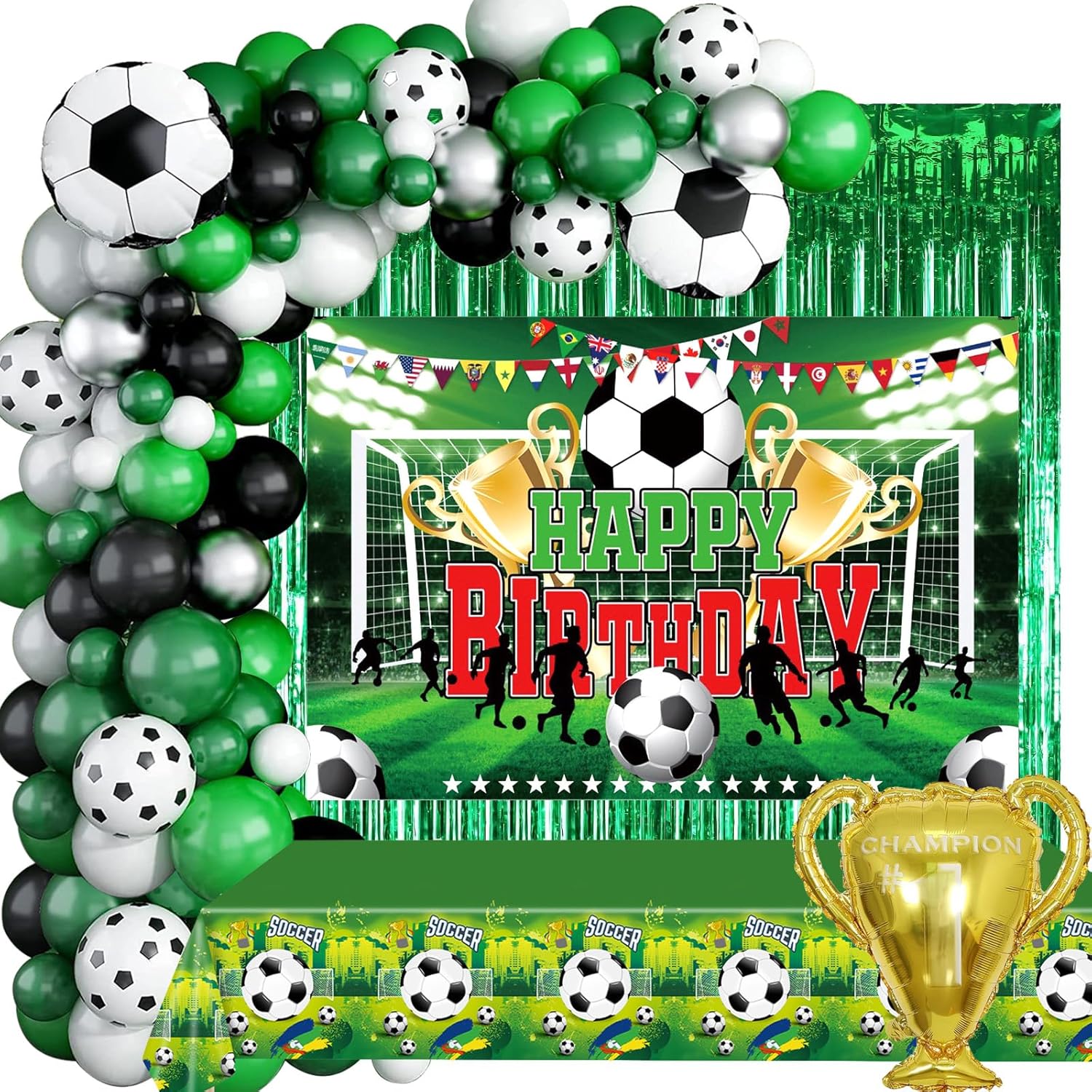 Decoraciones de fiesta de cumpleaños de fútbol para niños, 106 piezas de suministros de fiesta de cumpleaños de fútbol, incluyendo telón de fondo de
