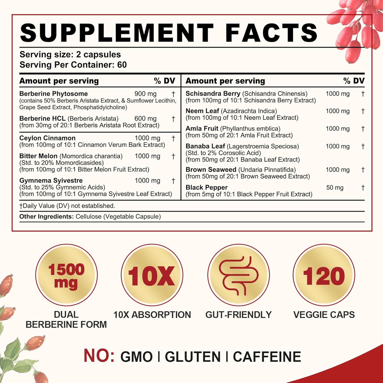 Suplemento de berberina de 1500 mg con canela de Ceilán, melón amargo, hoja de plátano y extracto botánico para apoyo inmunológico y manejo