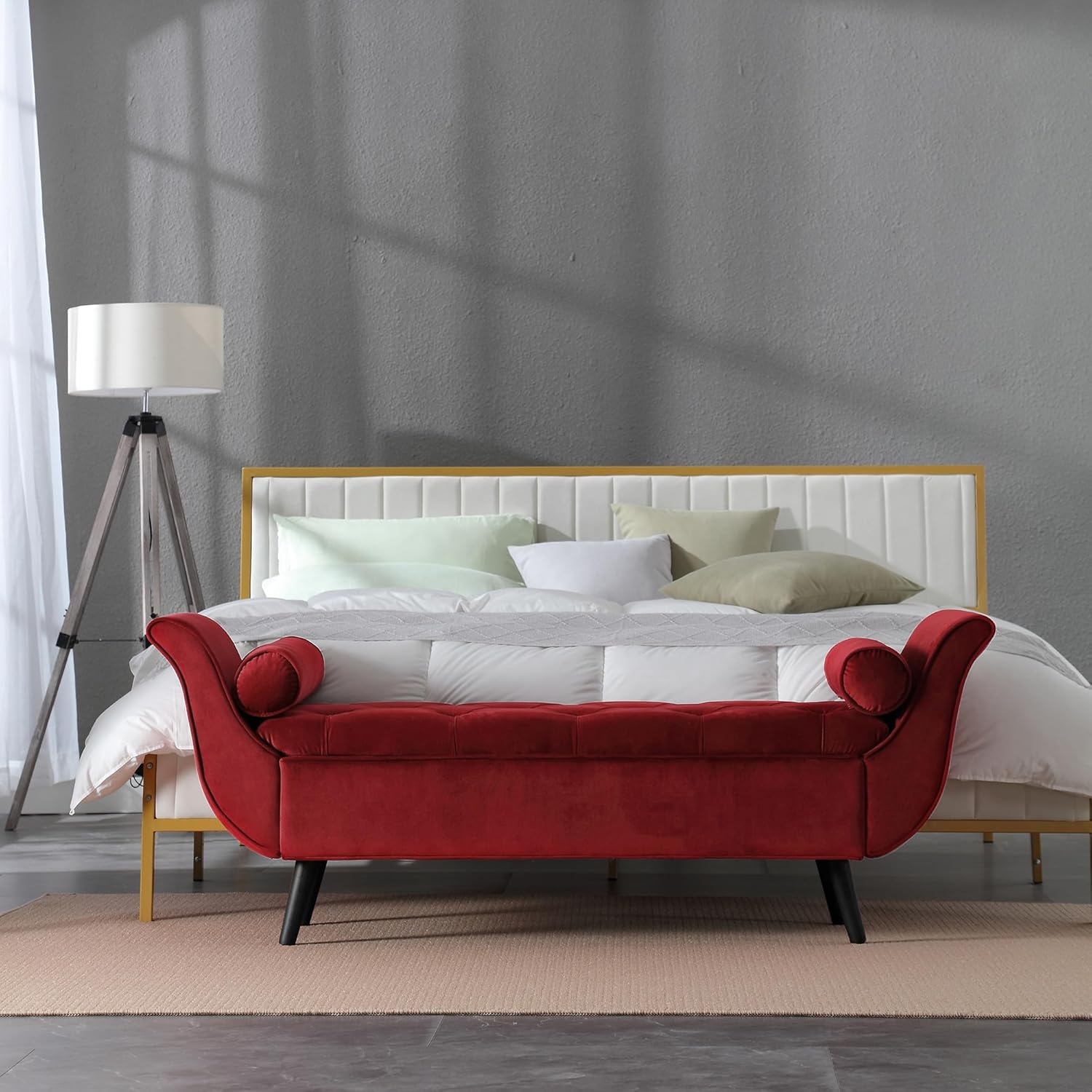 Banco de almacenamiento de terciopelo para dormitorio, color rojo, tapizado con botones, otomano, reposapiés, brazo enrollado, patas de madera maciza