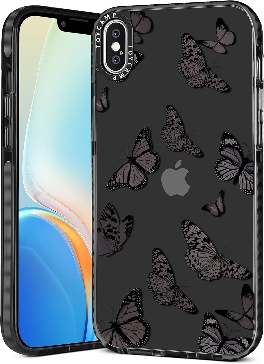Toycamp Funda para iPhone Xs MAX con soporte de anillo, diseño de mariposas negras, funda de dibujos animados para mujeres, niñas, niños,