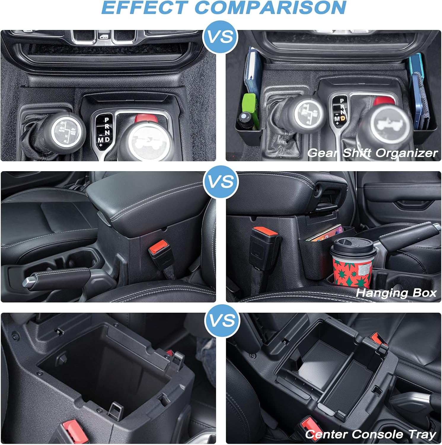 Caja organizadora de consola central de 3 piezas compatible con Wrangler 2018-2024 y Gladiator 2020-2023, organizador de cambio de engranajes,