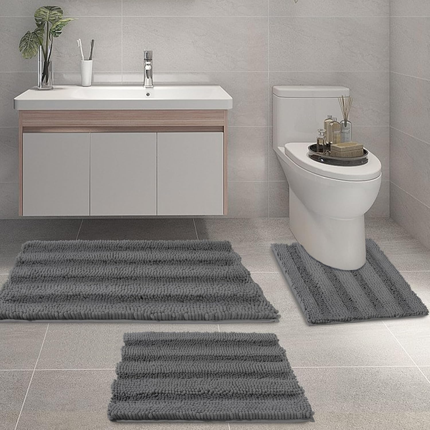 ELEHOLD Juego de 3 alfombras de baño, alfombra de baño suave y absorbente, alfombra antideslizante para ducha