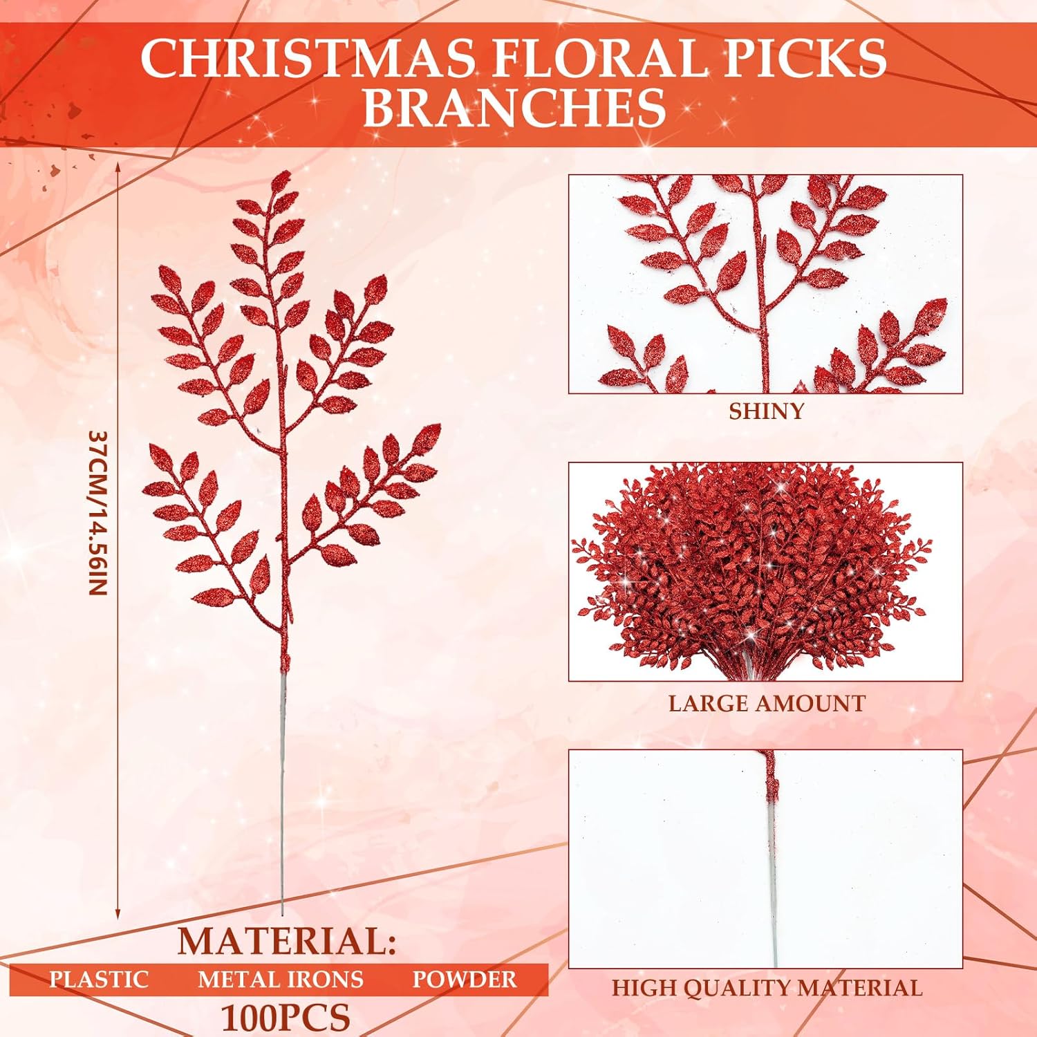100 púas artificiales de Navidad con purpurina de 14.6 pulgadas, diseño de hojas brillantes, para árbol de Navidad, coronas de invierno, para