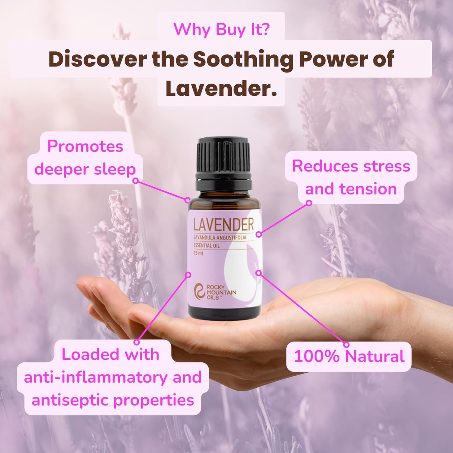 Rocky Mountain Oils Purify Lavender – Aceite esencial orgánico para difusor y aromaterapia, perfecto para hotel, spa, sueño
