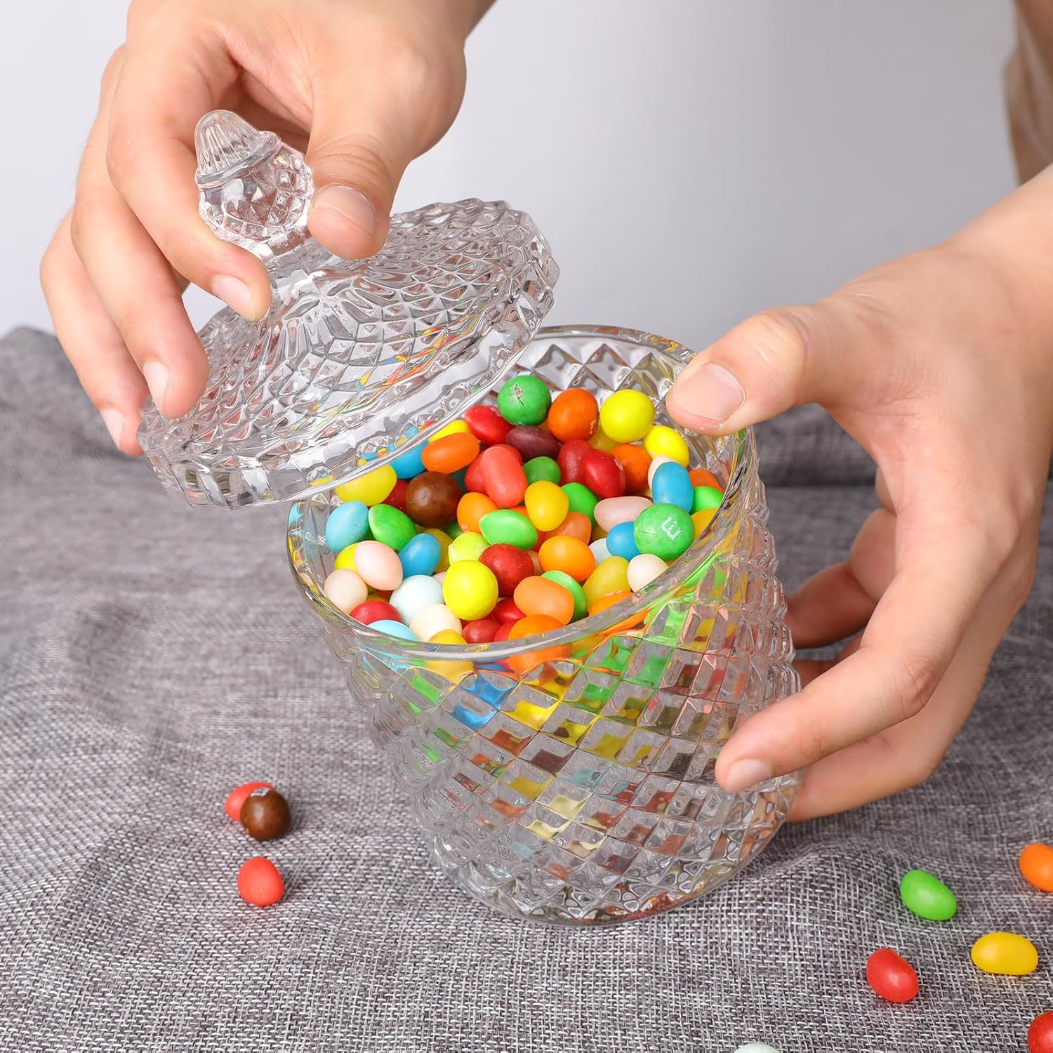 INFTYLE Plato de cristal para dulces con tapa, 1 pieza de 20 onzas, tarro de cristal grande para caramelos, caja de joyería, plato Dappen, tarro de