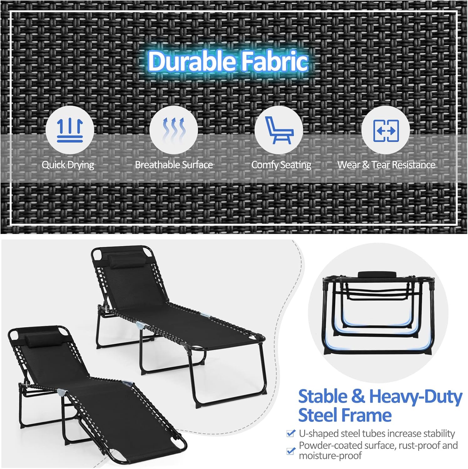 COSTWAY Tumbona plegable de 16 pulgadas de alto reclinable, con respaldo ajustable y reposapiés, color negro