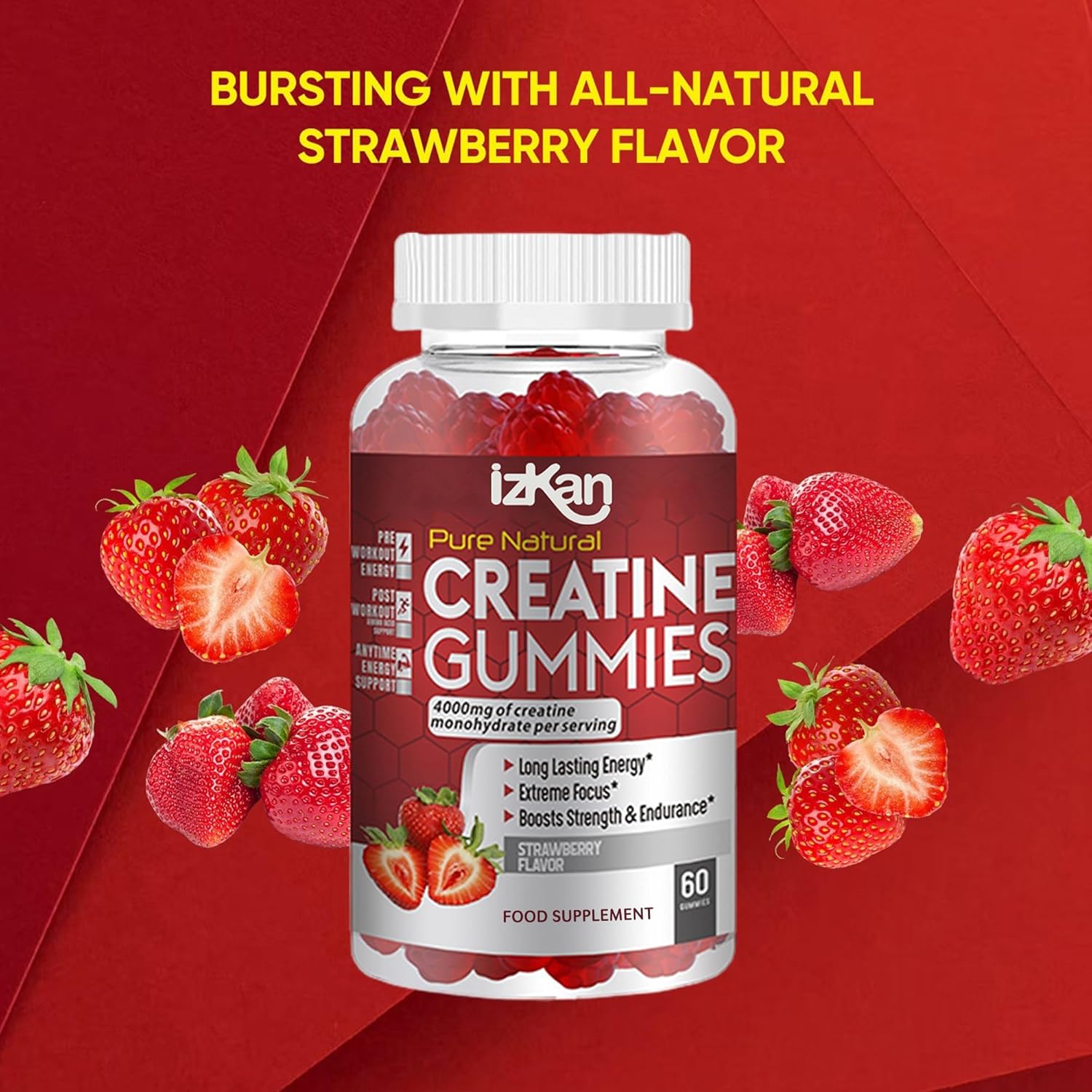 Gomitas de monohidrato de creatina Pro de 4000 mg para hombres y mujeres, 60 gomas masticables de monohidrato de creatina sabor fresa  Suplemento de