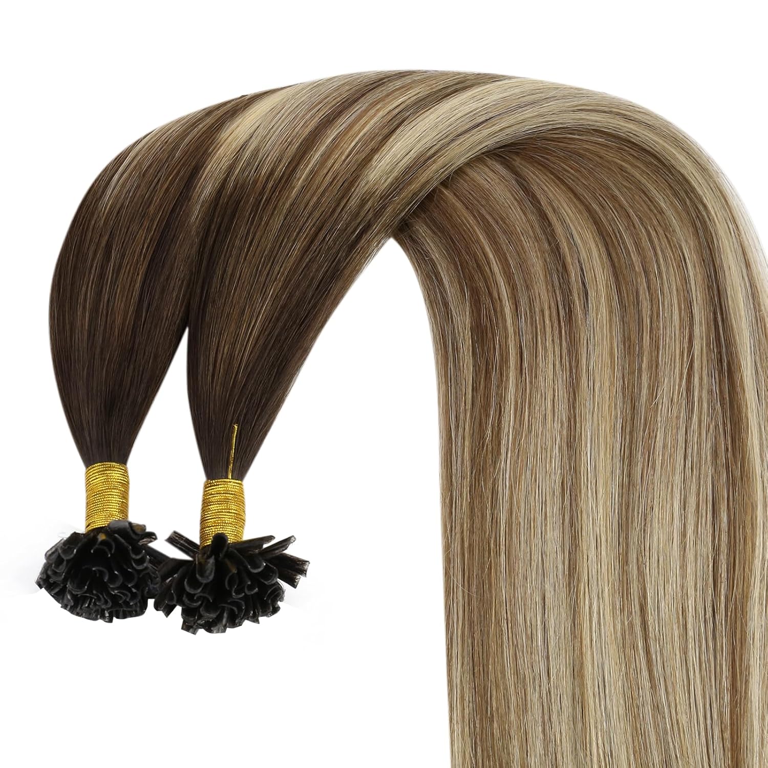 YoungSee Extensiones de cabello balayage con puntas en U, color marrón oscuro, ombré, marrón claro y rubio claro, balayage, con punta en U,