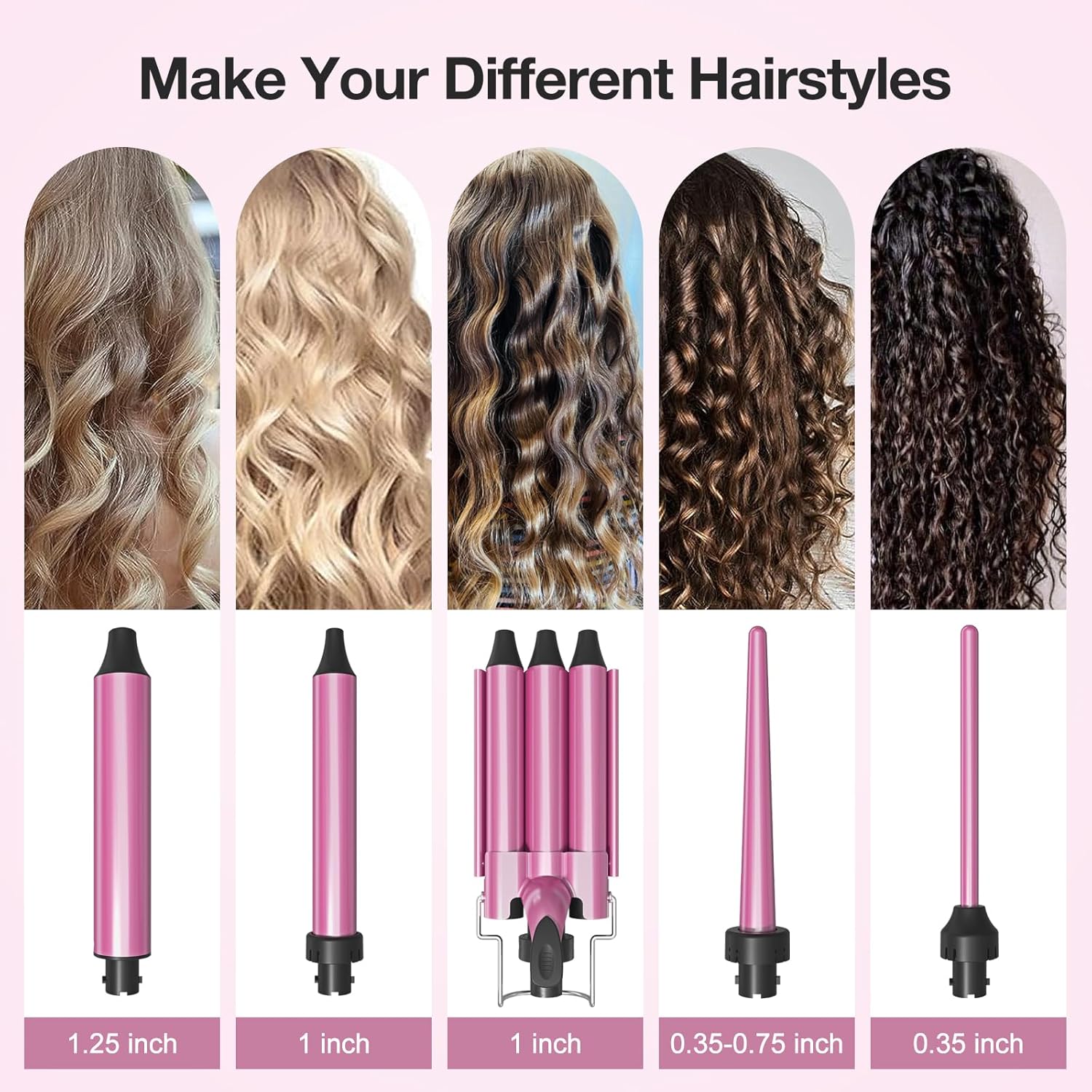BriCos Juego de rizadores 5 en 1, rizadores de pelo de triple barril y rizadores para cabello, varita rizadora de cerámica intercambiable,
