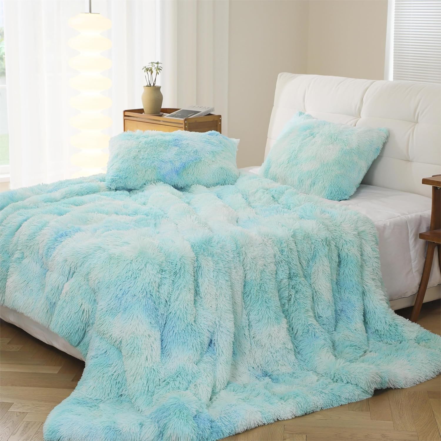 Syalife Juego de ropa de cama de felpa esponjosa, juego de edredón suave y lanudo tamaño Queen, juego de funda de edredón de pelo sintético teñido