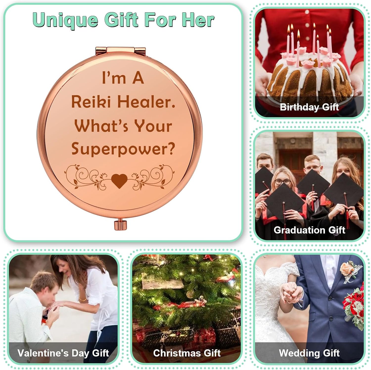 Regalo de agradecimiento para sanador de Reiki, espejo de maquillaje compacto, regalo de maestro de Reiki, regalo motivacional para niñas, regalo