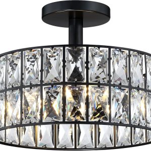 K9 Crystal Farmhouse Drum – Lámpara semiempotrada cerca del techo, para sala de estar, comedor, dormitorio, isla de cocina, pasillo (acabado negro, K9 Crystal Farmhouse Drum – Lámpara semiempotrada cerca del techo, para sala de estar, comedor, dormitorio, isla de cocina, pasillo (acabado negro,