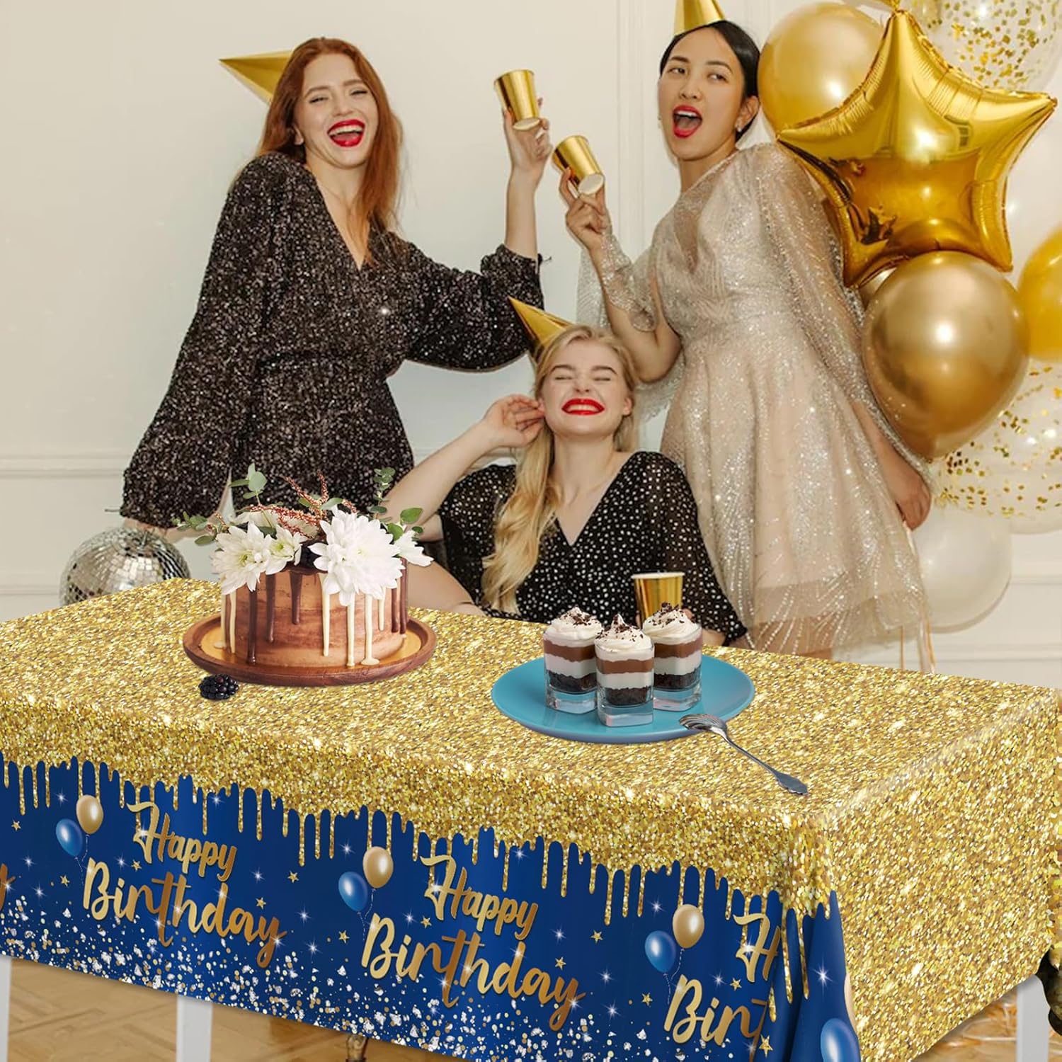 Mantel de feliz cumpleaños, 3 manteles azul marino y dorado para fiestas, decoración de cumpleaños con purpurina para mujeres y hombres, suministros