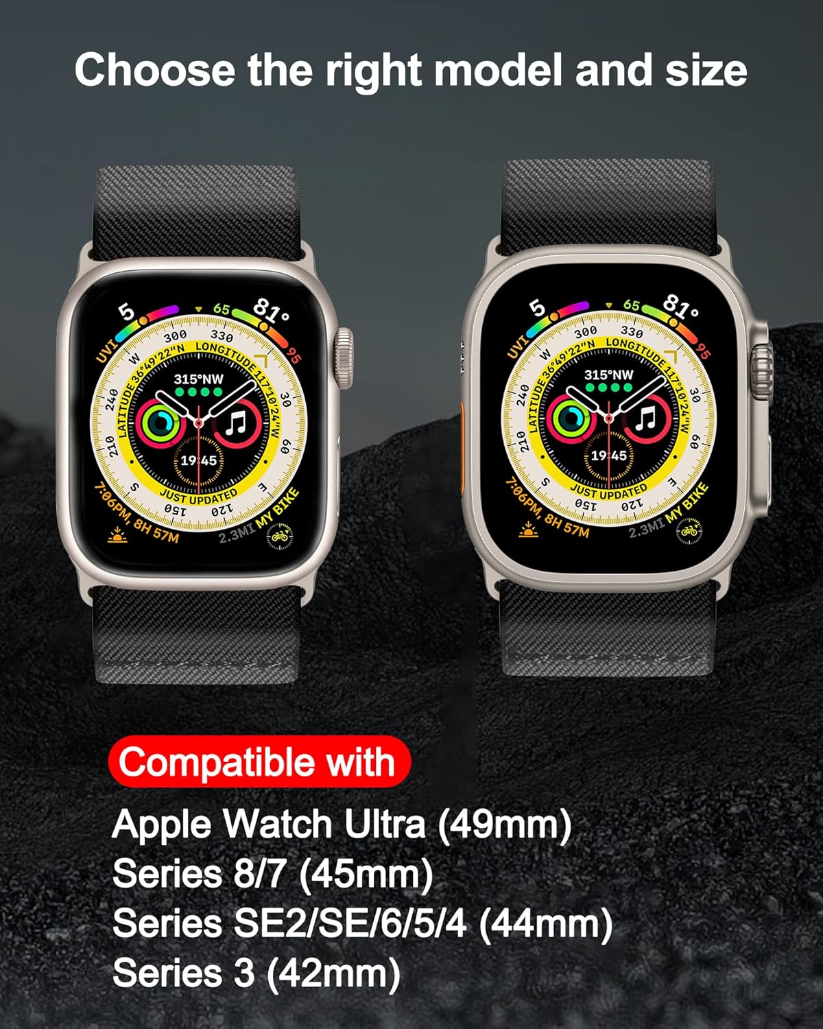 Paquete de 3 correas de nailon más anchas compatibles con Apple Watch Ultra de 1.92 pulgadas, Series 87 de 1.772 pulgadas, Series SE654 de 1.732