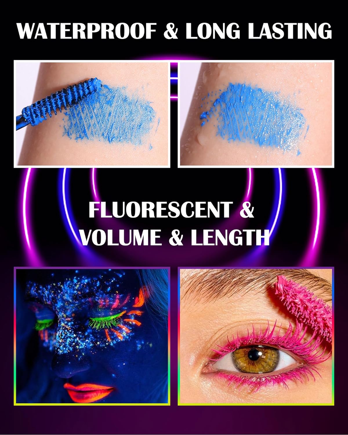 Máscara de pestañas de neón para pestañas, 6 unidades, brillo UV, color luz negra, volumen y longitud, impermeable, a prueba de manchas, larga