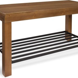 Kate and Laurel Jeran – Banco de entrada con estante de hierro para zapatos, madera marrón rústica con metal negro Kate and Laurel Jeran – Banco de entrada con estante de hierro para zapatos, madera marrón rústica con metal negro