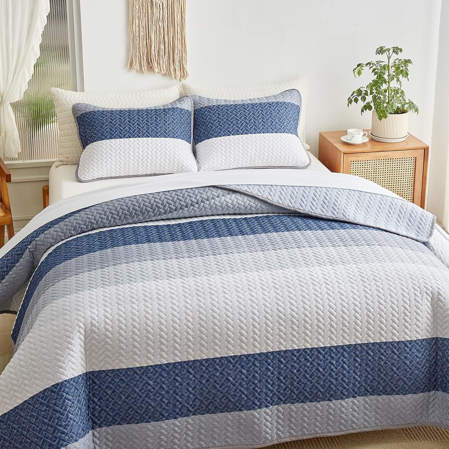 Juego de edredón de algodón a rayas tamaño King con rayas azul marino, blanco, azul, gris, algodón suave, reversible, juego de ropa de cama de 3