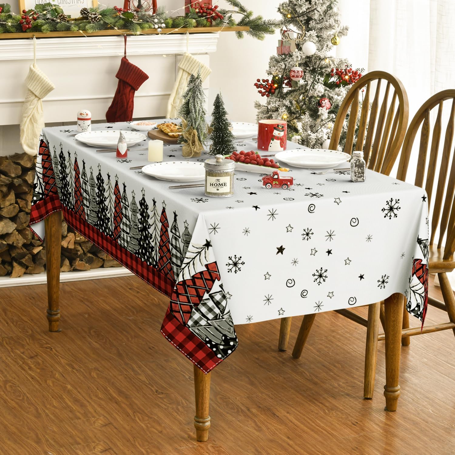Horaldaily Mantel de Navidad de 60 x 84 pulgadas, diseño de árboles de Navidad a cuadros rojos, lavable, para decoración de fiestas, pícnic, cenas